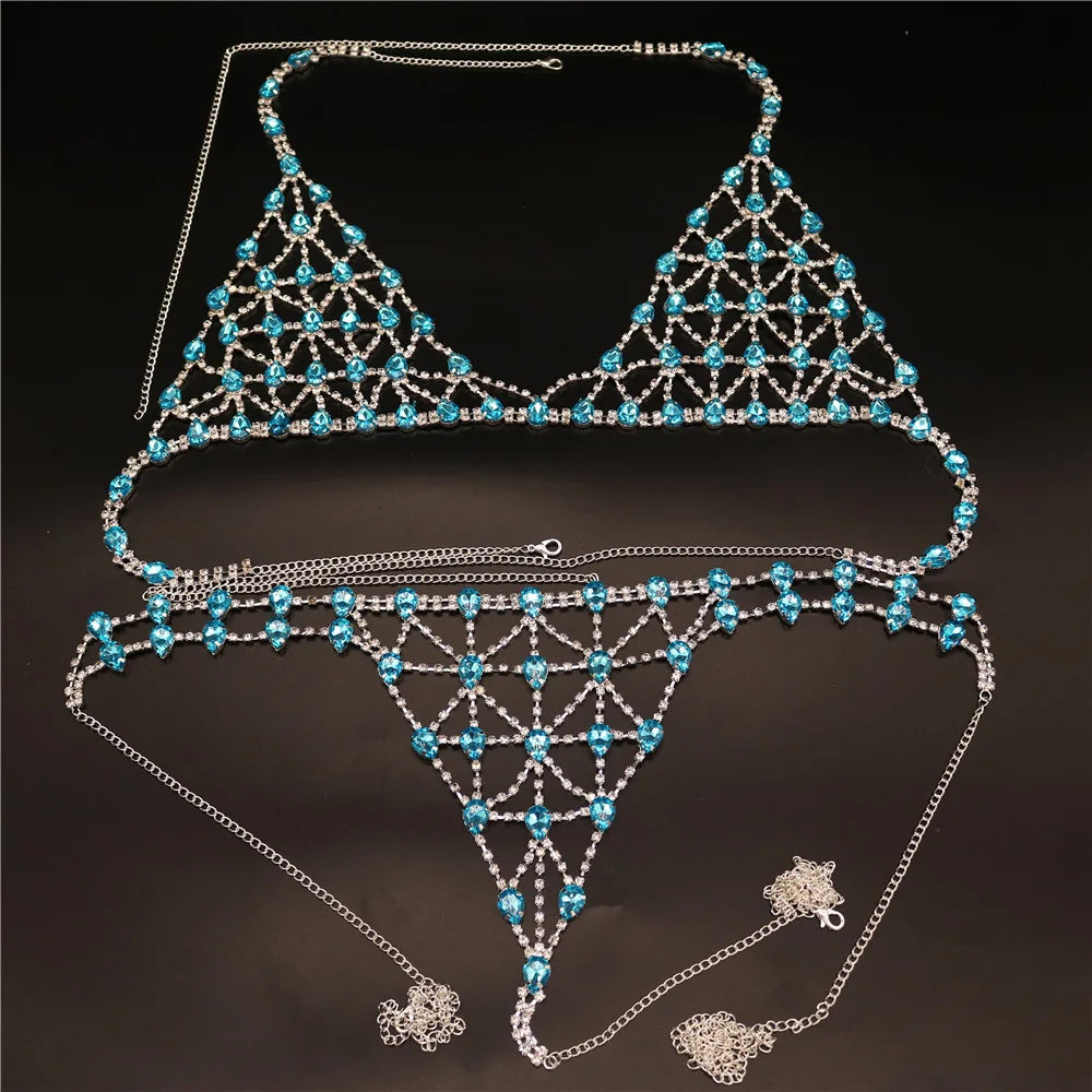 Blue bra and panties set with body chains