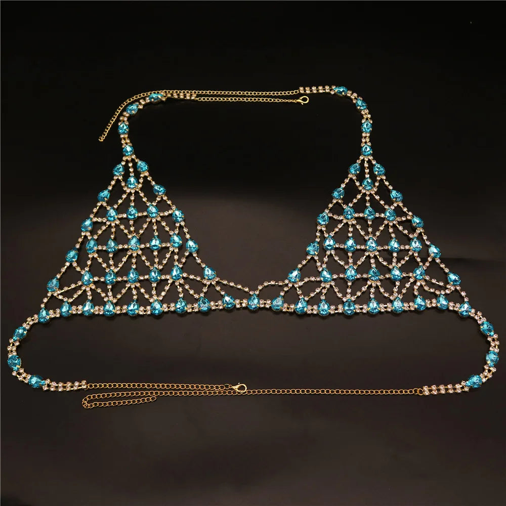 Blue bra and panties set with body chains