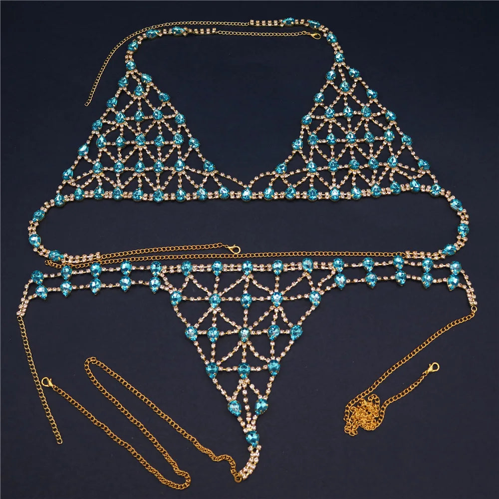 Blue bra and panties set with body chains