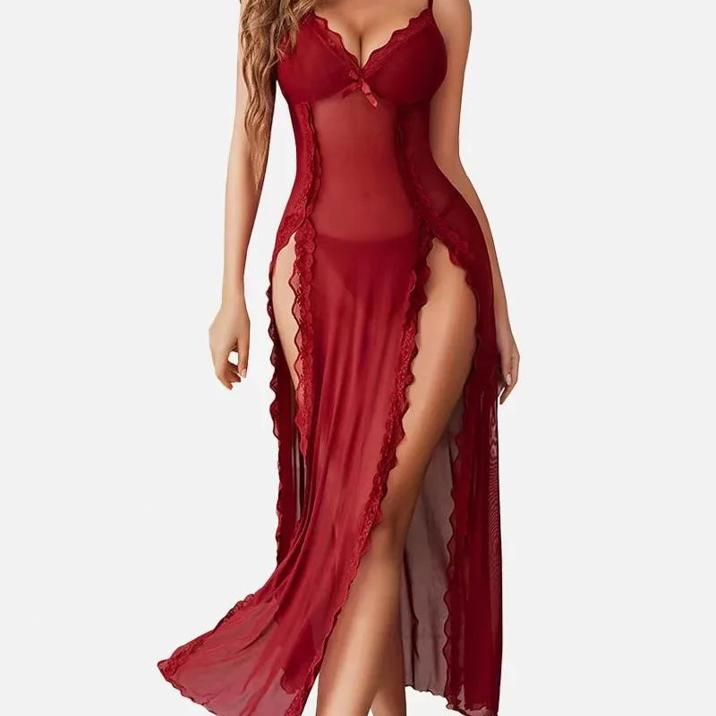 Sheer lace two-piece lingerie set with thong and halter nightgown