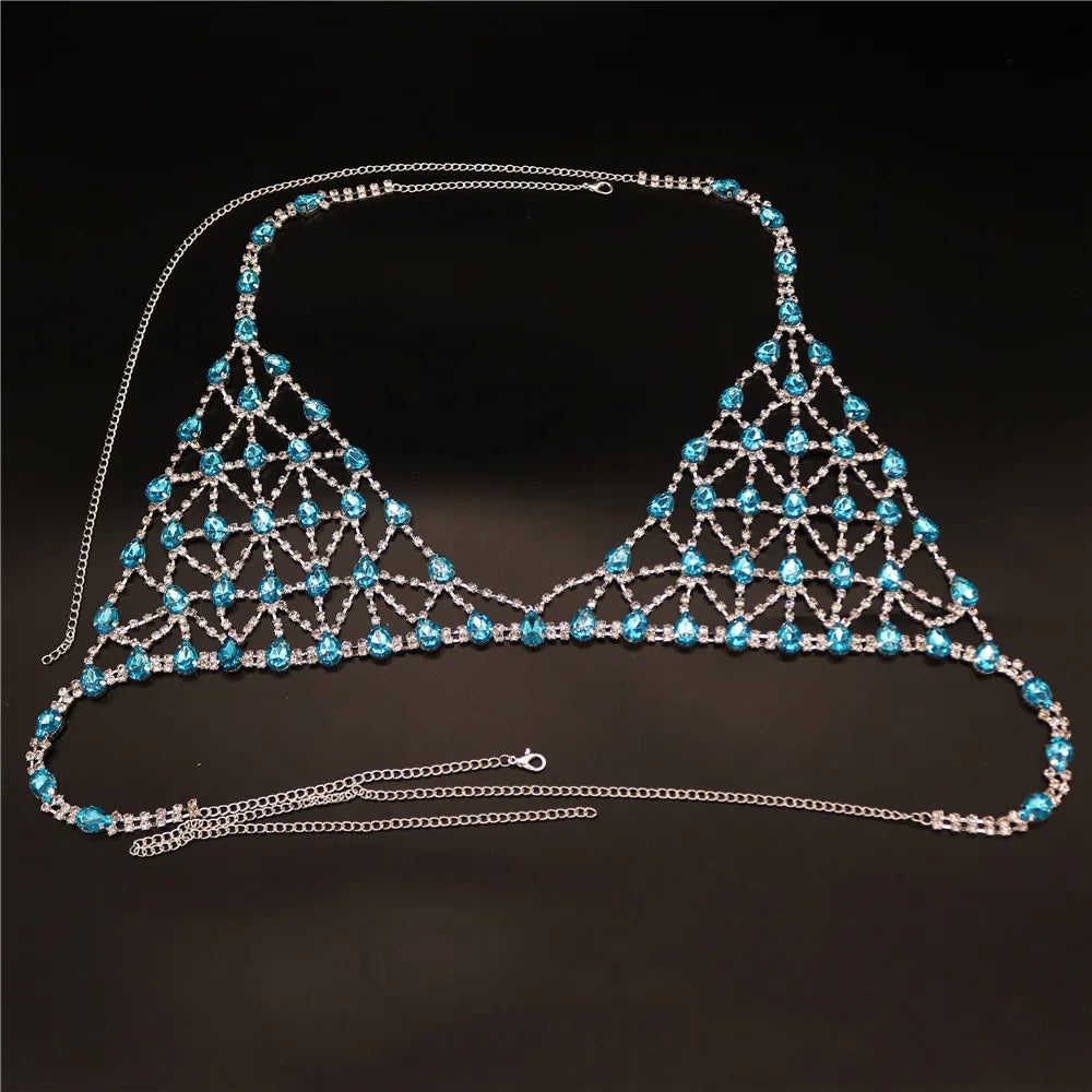 Blue bra and panties set with body chains