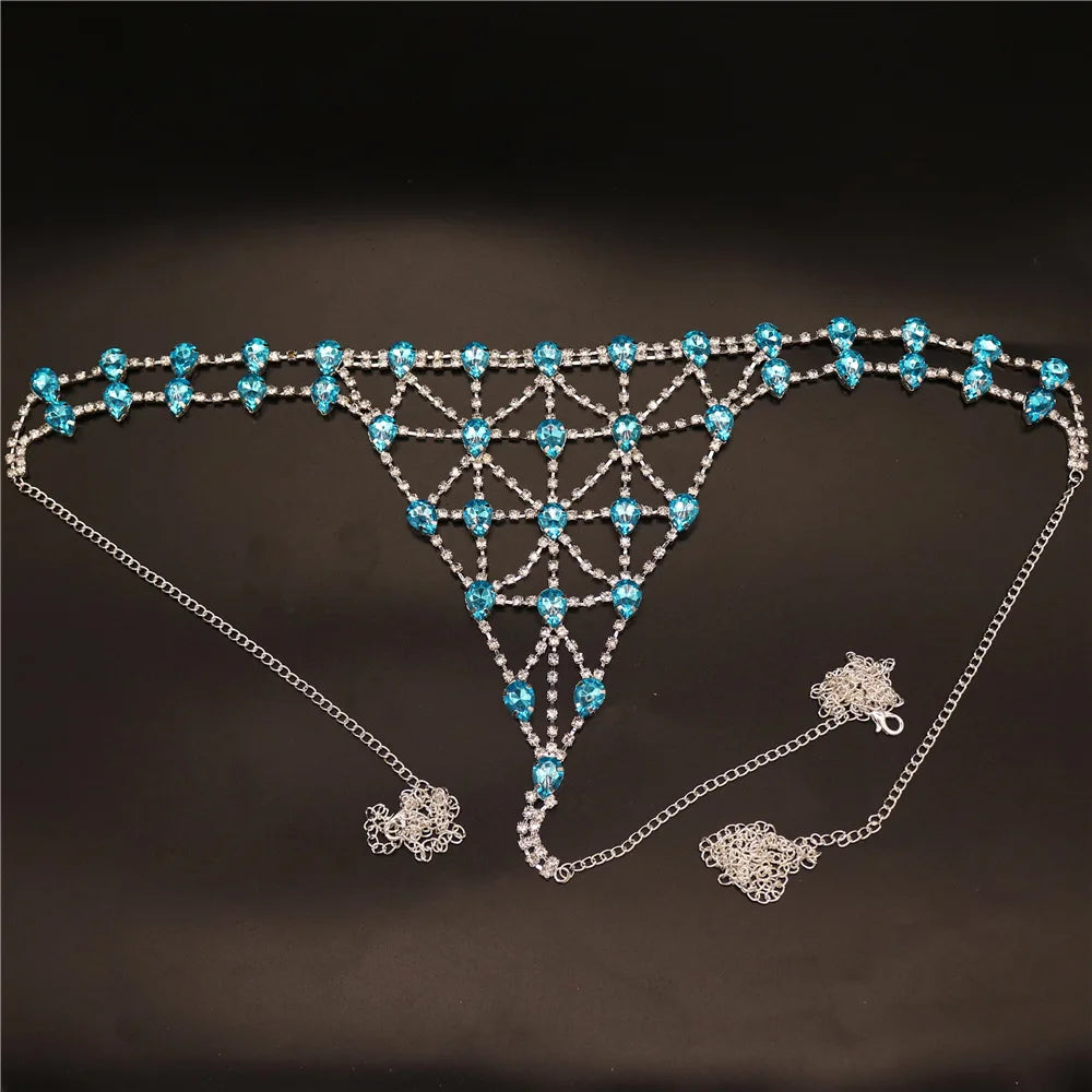 Blue bra and panties set with body chains