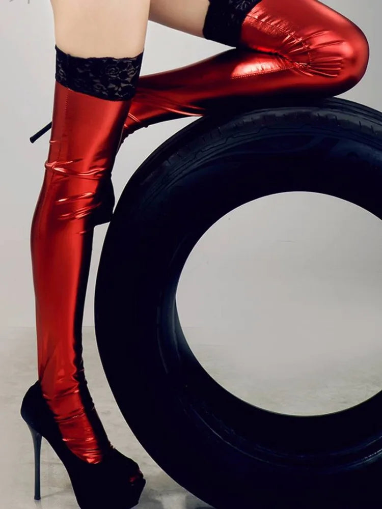 Black Latex Wet Look Thigh Stockings