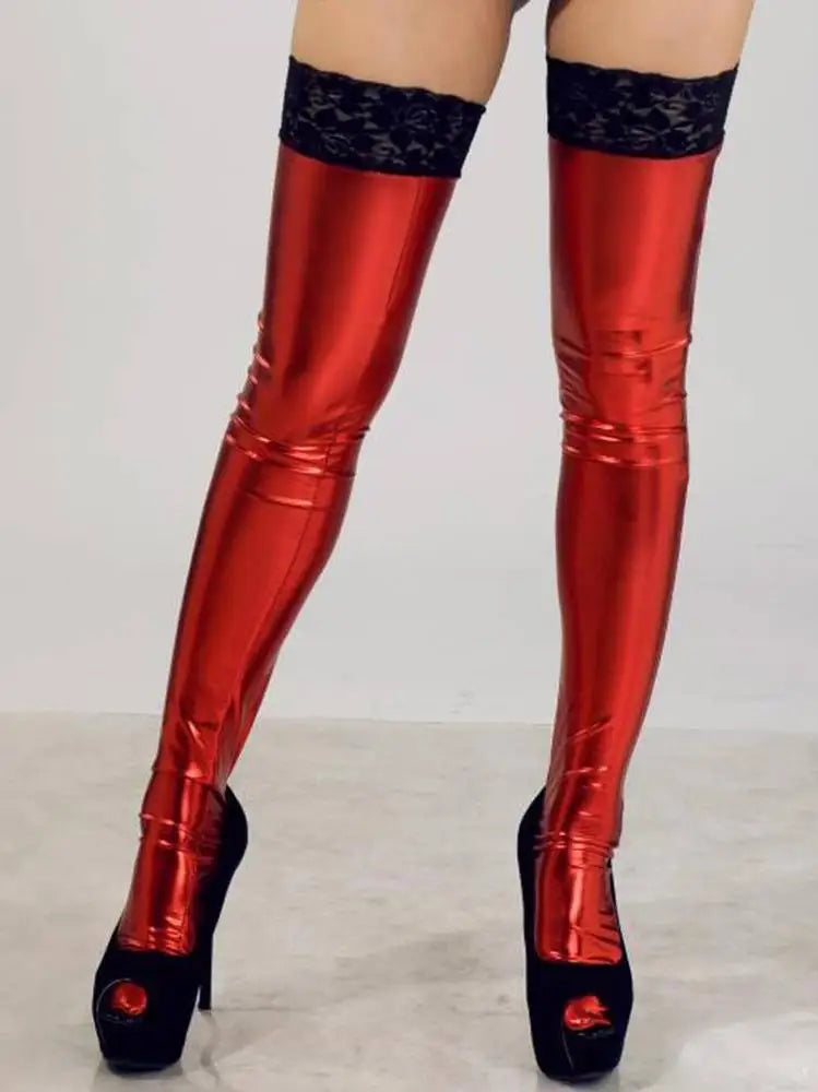 Black Latex Wet Look Thigh Stockings