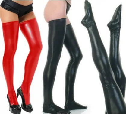 Black Latex Wet Look Thigh Stockings