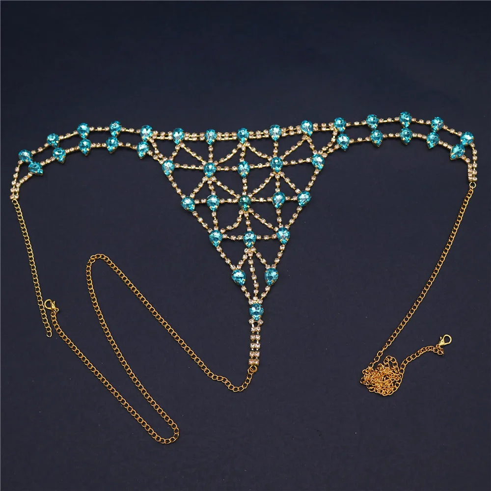 Blue bra and panties set with body chains